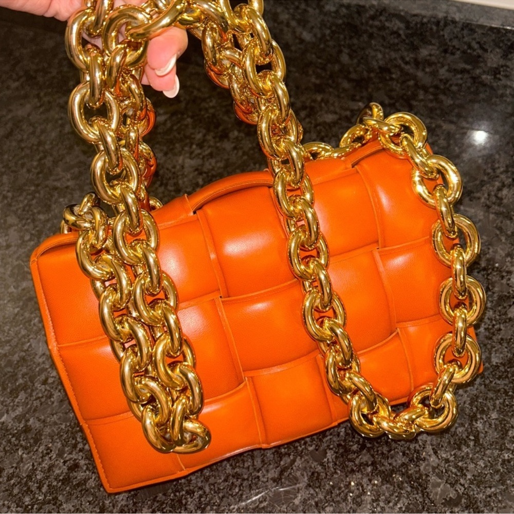 Orange Woven Leather Bag with Gold Chain